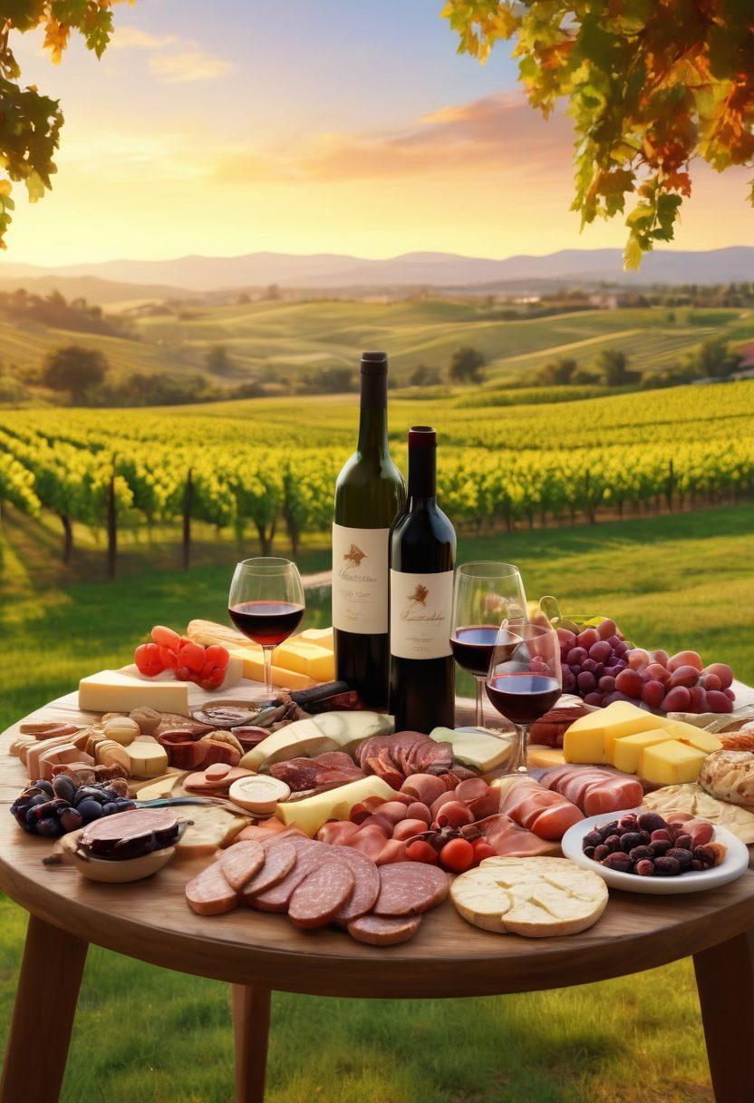 A beautifully arranged wine tasting table featuring an array of wine bottles, glasses, and charcuterie, set against a picturesque vineyard landscape. Include animated and diverse people enjoying the event, discussing and sharing wine culture. The sky is painted in warm sunset hues, creating a lively atmosphere. super-realistic. vibrant colors. 3D.