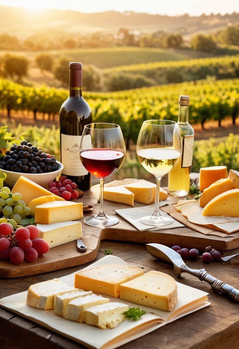 A beautifully arranged table featuring an array of wines in elegant glasses, surrounded by artisanal cheese, fruits, and fresh herbs. In the background, a rustic vineyard bathed in golden sunlight, evoking a sense of adventure and exploration. Include a wine tasting notebook and a corkscrew hinting at a journey of learning. Artistic, vibrant colors, soft focus.