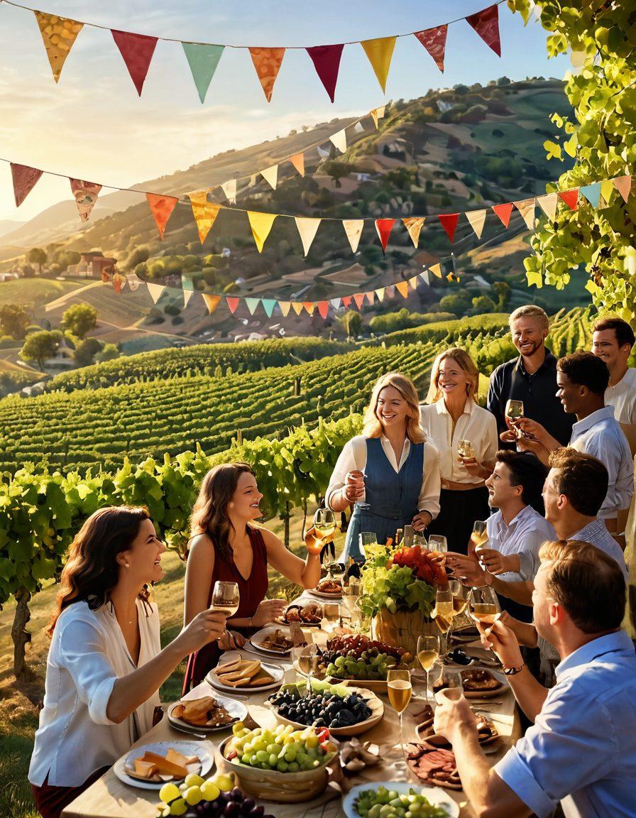 A lively outdoor wine festival scene with people joyfully clinking their glasses, a backdrop of vineyard hills bathed in golden sunset light. Tables laden with various wines, cheese platters, and grapes, all showcasing a sense of community and celebration. Decorative bunting adds a festive touch to the scene. Super-realistic. Vibrant colors. 3D.
